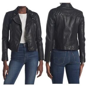 NWT AllSaints Black Catch Crop Leather Biker Jacket Asymmetric Zip Size 2